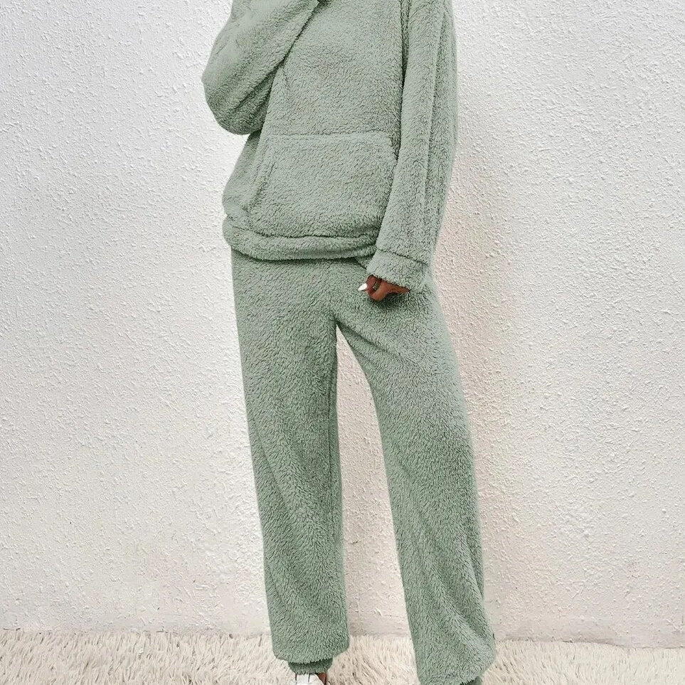 Conjunto de ropa de estar por casa para mujer – Corte relajado – Forro polar afelpado – Capucha y bolsillo tipo canguro