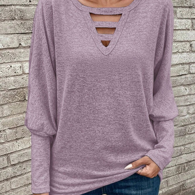 Top de manga larga para mujer – Punto suave – Corte holgado – Elegante escote en pico calado