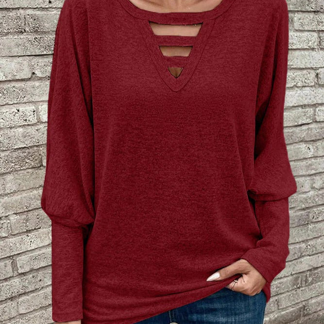 Top de manga larga para mujer – Punto suave – Corte holgado – Elegante escote en pico calado