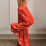 Pantalón ancho de mujer – Cintura alta – Tejido de satén fluido – Corte largo elegante