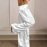 Pantalón ancho de mujer – Cintura alta – Tejido de satén fluido – Corte largo elegante