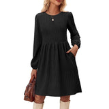 Vestido de punto para mujer – Corte evasé – Mangas largas abullonadas – Cuello redondo en jacquard
