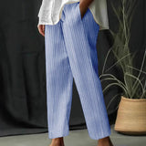 Pantalón ancho de mujer – Lino y algodón – Cintura con cordón – Rayas – Corte relajado