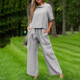 Conjunto de dos piezas para mujer: Top corto de manga corta, pantalón ancho de cintura alta, tejido de algodón.