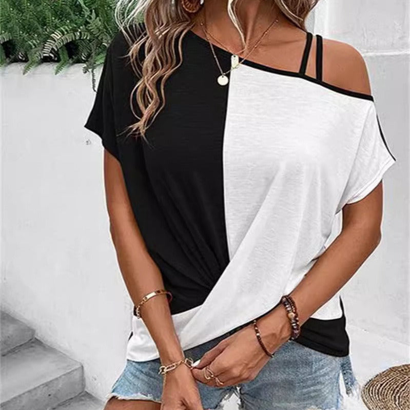 Camiseta de mujer – Corte relajado – Escote asimétrico – Detalle de tirantes – Algodón
