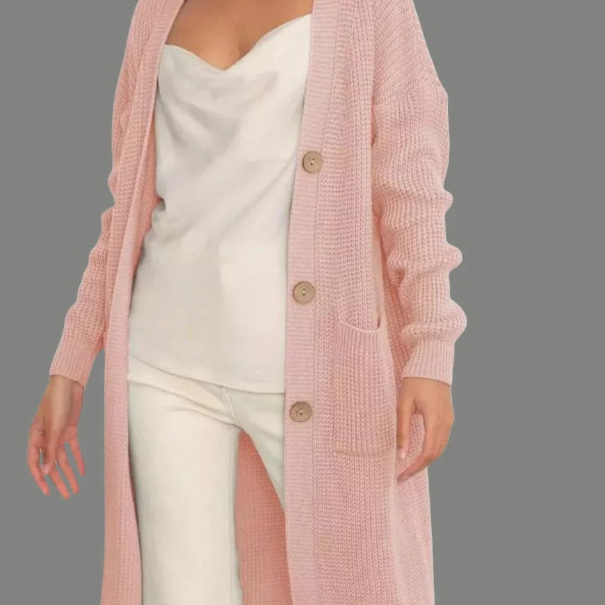 Cárdigan largo de mujer – Corte relajado – Punto suave – Abotonado – Con bolsillos