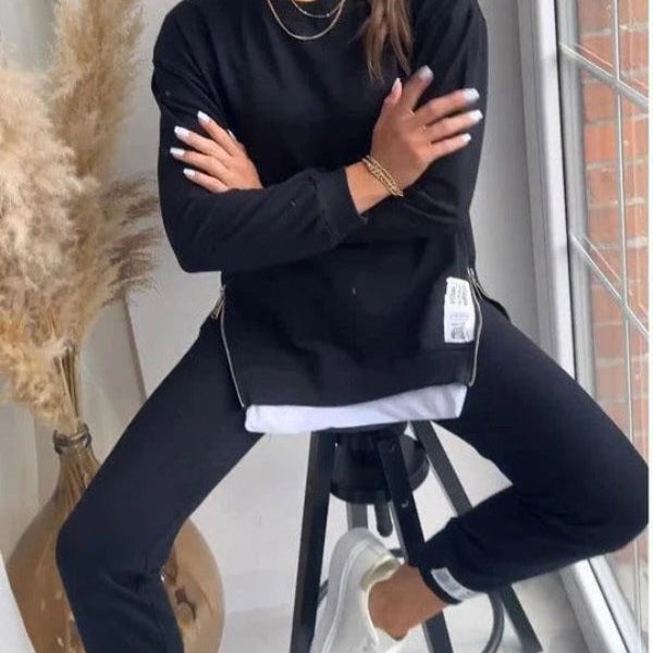 Conjunto de ropa de estar por casa para mujer: sudadera de cuello redondo extragrande y pantalones deportivos ajustados. Mezcla de algodón transpirable.