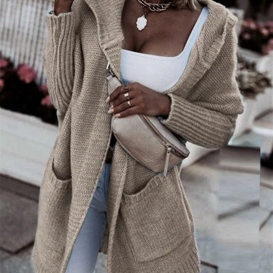 Cárdigan de mujer – Corte oversize – Punto efecto lana – Capucha – Bolsillos – Manga larga