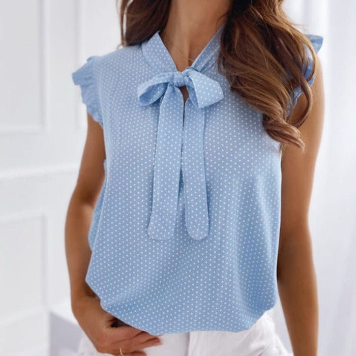 Blusa sin mangas para mujer – Corte fluido – Lazo en el cuello – Lunares – Mangas con volantes