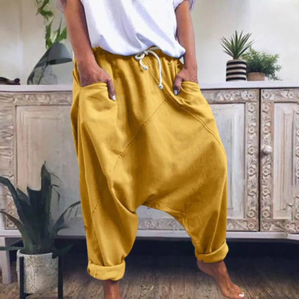 Pantalones harén para mujer – Algodón transpirable – Corte holgado – Cintura con cordón – Piernas ajustadas