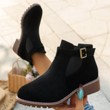 Botines de mujer – Efecto ante – Correa con hebilla – Panel elástico – Suela con tacos