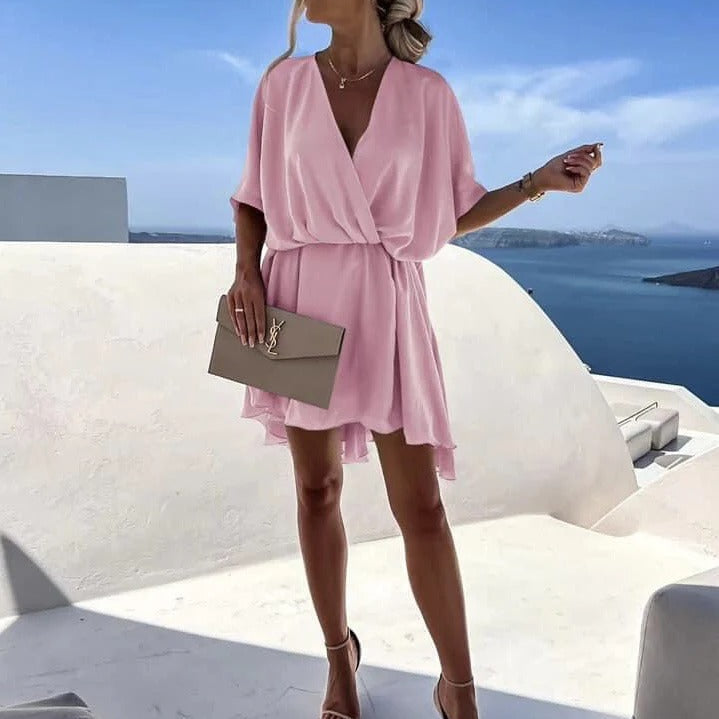Vestido cruzado para mujer – Mini fluido – Escote pronunciado – Mangas cortas – Bajo con volantes