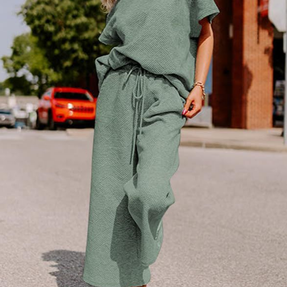 Conjunto de mujer – Corte holgado – Punto suave – Camiseta de manga corta y pantalón ancho