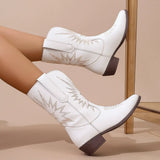 Botines de mujer – Punta puntiaguda – Tacón cuadrado – Bordado western – Fáciles de poner