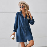 Vestido camisero para mujer – Mezclilla – Corte holgado – Silueta acampanada – Mangas largas