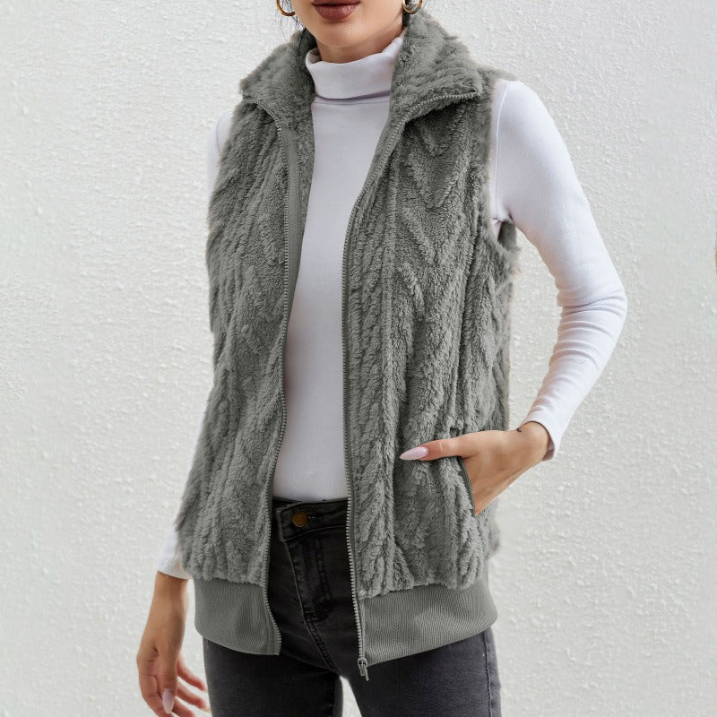 Chaleco sin mangas para mujer – Polar jacquard – Corte holgado – Cuello alto con cremallera