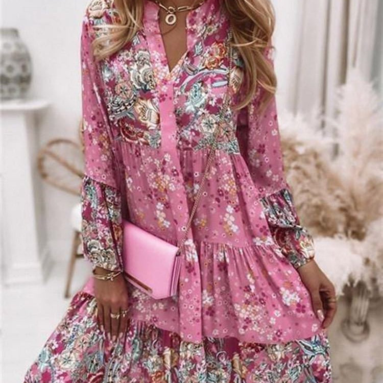 Vestido mini para mujer – Corte fluido – Mangas largas – Estampado patchwork – Cuello en pico