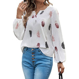 Camiseta de manga larga para mujer – Corte holgado – Cuello en V – Estampado ligero de plumas