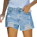 Shorts vaqueros para mujer – Cintura alta – Corte ajustado – Efecto desgastado – Bajo deshilachado