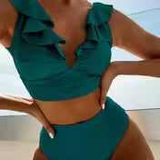 Bikini para mujer – Top con volantes y escote en V – Cintura alta – Tejido elástico transpirable