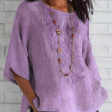 Blusa de mujer – Corte holgado – Mangas cortas – Bordado delantero – Fibras naturales