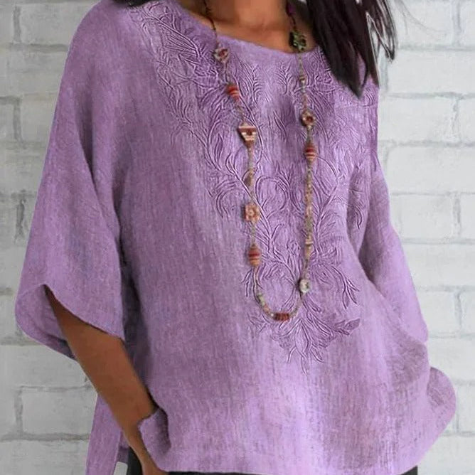 Blusa de mujer – Corte holgado – Mangas cortas – Bordado delantero – Fibras naturales