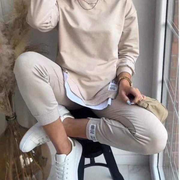 Conjunto de ropa de estar por casa para mujer: sudadera de cuello redondo extragrande y pantalones deportivos ajustados. Mezcla de algodón transpirable.