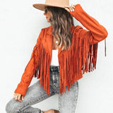 Chaqueta de mujer – Piel – Corte holgado – Detalles de flecos – Largo hasta la cadera