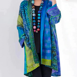 Cárdigan largo de mujer – Corte oversize – Punto texturizado – Estampado bohemio – Abierto
