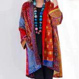 Cárdigan largo de mujer – Corte oversize – Punto texturizado – Estampado bohemio – Abierto