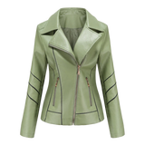 Chaqueta de cuero para mujer – Corte entallado – Cremallera asimétrica – Cuello con muescas – Estilo motero