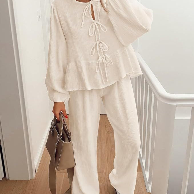 Conjunto de mujer – Top de manga larga con escote en pico y detalles de lazo – Pantalón ancho de cintura alta