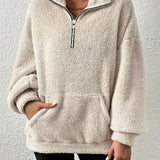 Sudadera de mujer – Corte oversize – Polar suave – Media cremallera – Cuello alto – Bolsillo tipo canguro