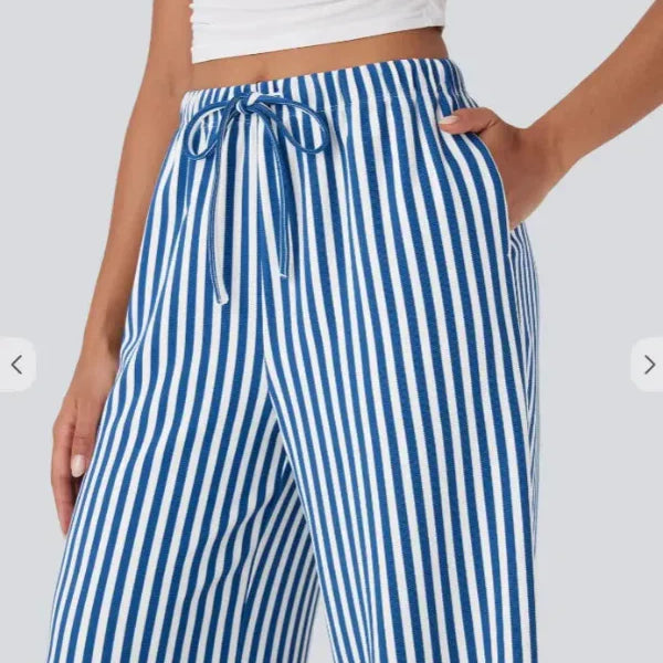 Pantalón ancho de mujer – Cintura alta – Lino ligero – Rayas – Cordón ajustable
