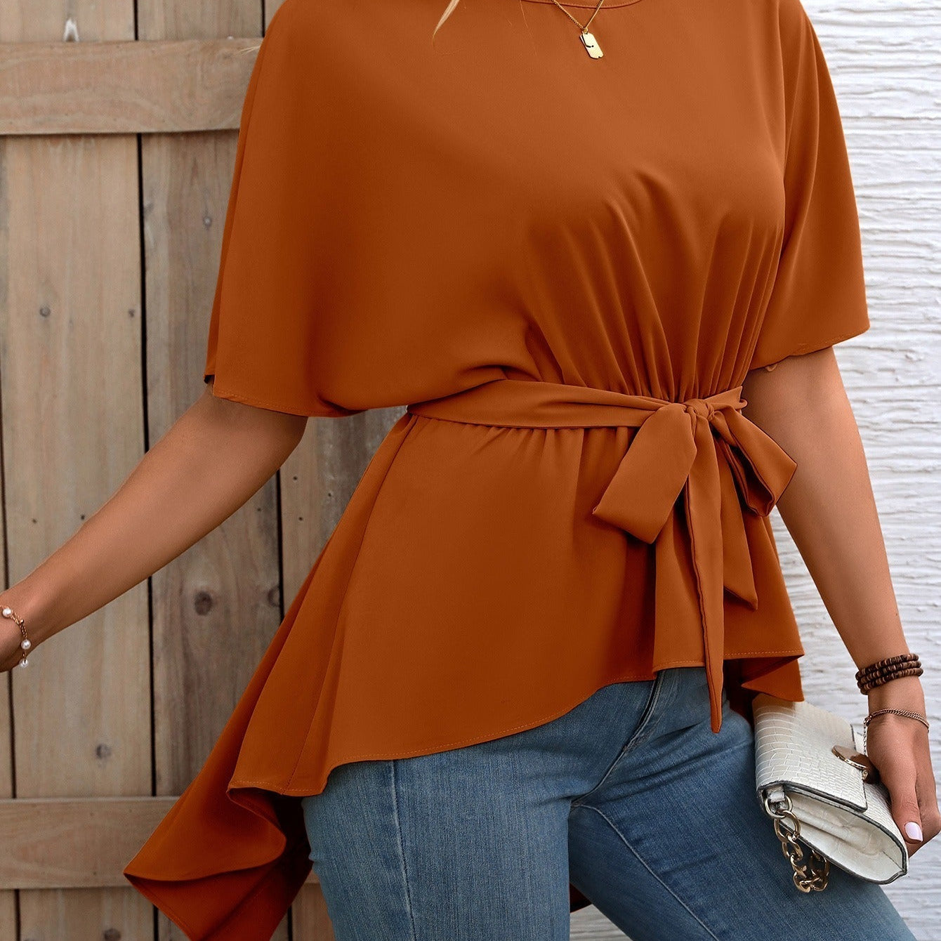 Blusa de mujer – Corte holgado – Cintura con lazo – Mangas cortas – Tejido transpirable y fluido