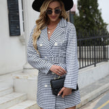 Vestido Blazer para Mujer – Corte Entallado – Estampado Pata de Gallo – Manga Larga – Mini