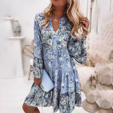 Vestido mini para mujer – Corte fluido – Mangas largas – Estampado patchwork – Cuello en pico