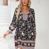Vestido de mujer – Corte en A – Algodón ligero – Estampado floral – Mangas largas y sueltas