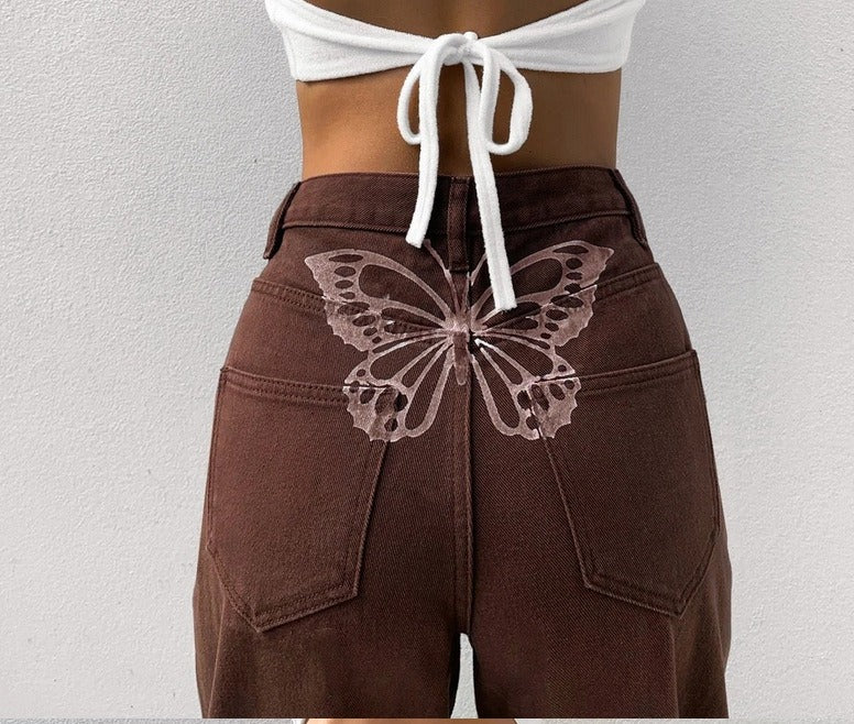 Vaqueros de mujer – Corte recto – Tiro medio – Largo hasta el tobillo – Estampado de mariposas