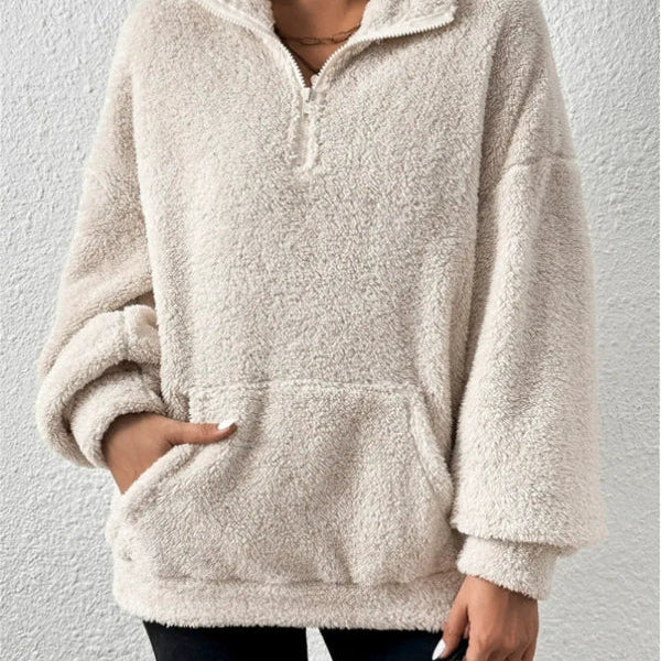 Sudadera polar para mujer – Corte holgado – Cuello alto – Cremallera – Bolsillo tipo canguro