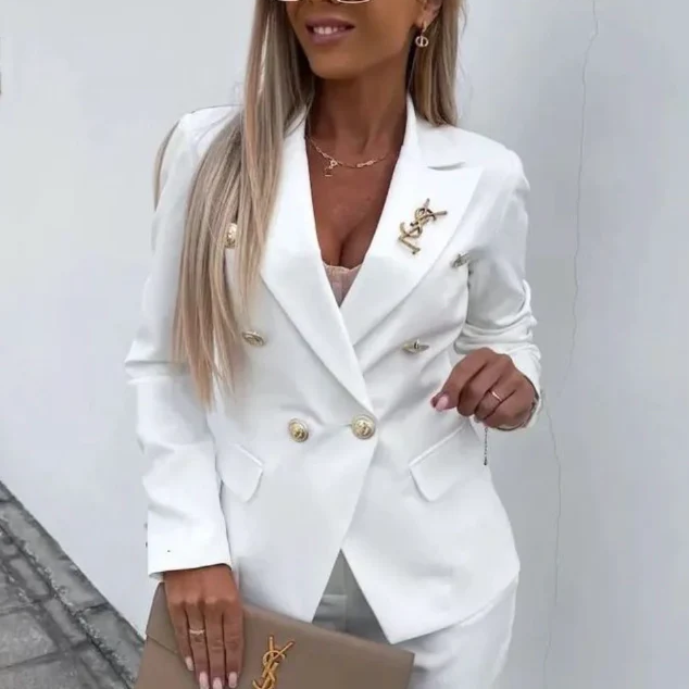 Traje de mujer – Blazer cruzado entallado – Pantalón slim elegante de cintura alta