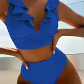 Bikini para mujer – Top con volantes y escote en V – Cintura alta – Tejido elástico transpirable