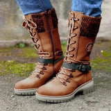 Botas hasta la rodilla para mujer – Cordones delanteros – Cremallera lateral – Puño de punto de lana