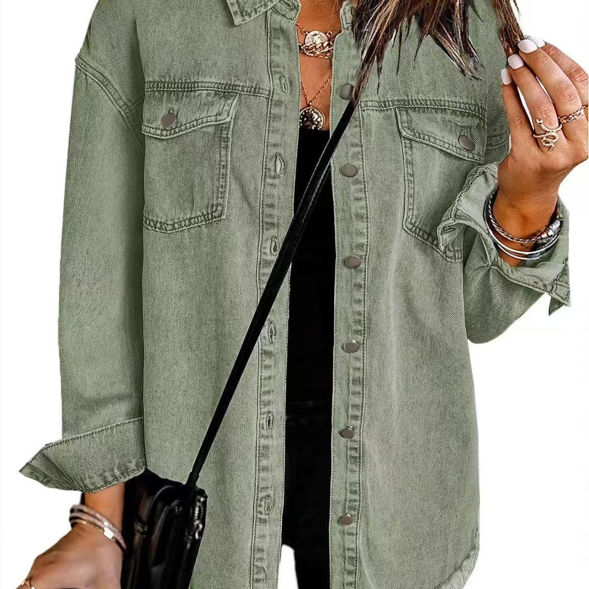Chaqueta vaquera para mujer – Corte holgado – Bajo deshilachado – Botones metálicos
