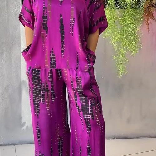 Conjunto de traje para mujer: satén suave, corte holgado, cuello redondo, pantalón ancho estampado.