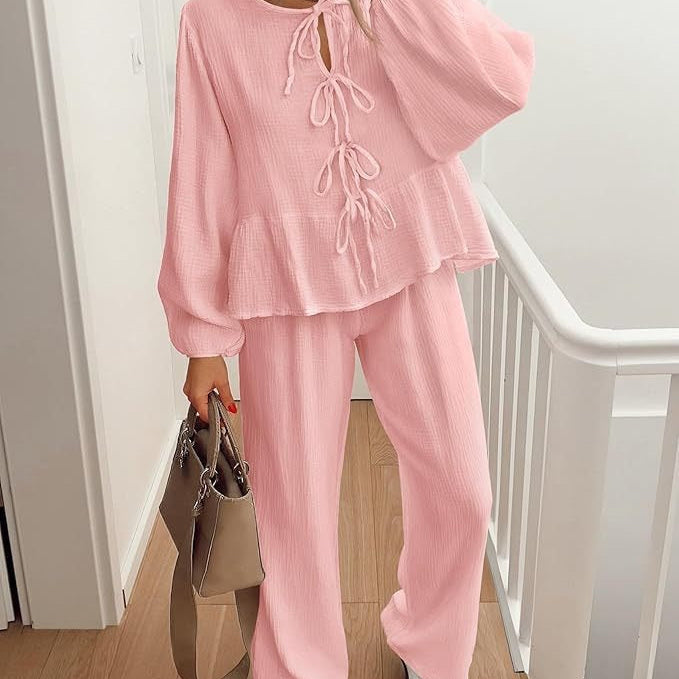 Conjunto de mujer – Top de manga larga con escote en pico y detalles de lazo – Pantalón ancho de cintura alta