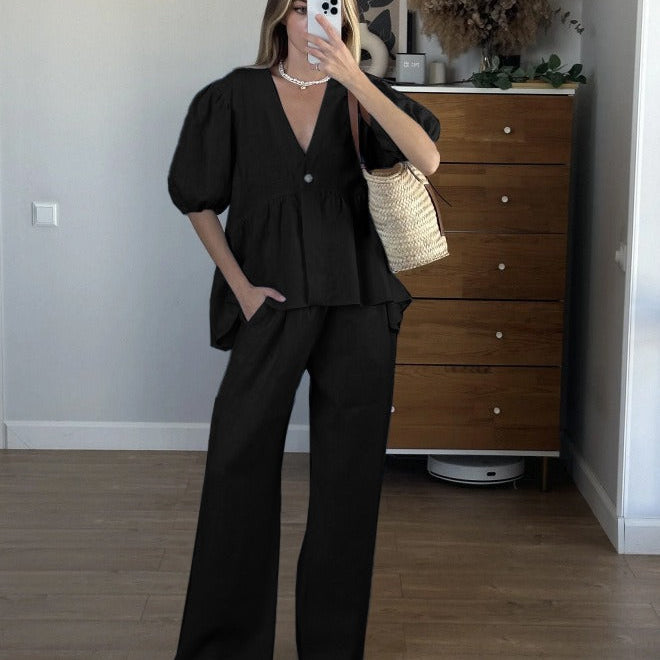 Conjunto de dos piezas para mujer – Top con cuello en V y mangas abullonadas – Pantalón ancho de cintura alta – Algodón
