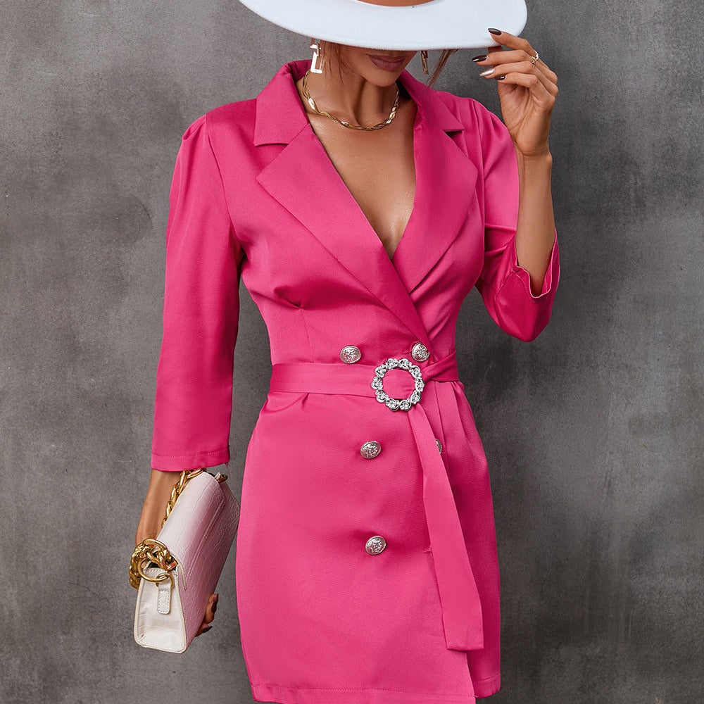 Vestido Blazer para Mujer – Corte Ajustado – Estilo Cruzado – Cinturón con Hebilla – Solapas Clásicas