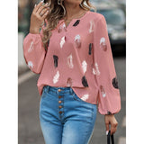 Camiseta de manga larga para mujer – Corte holgado – Cuello en V – Estampado ligero de plumas