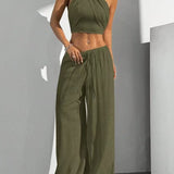 Conjunto de mujer: Top corto con espalda cruzada, pantalón ancho con cintura elástica, algodón transpirable.